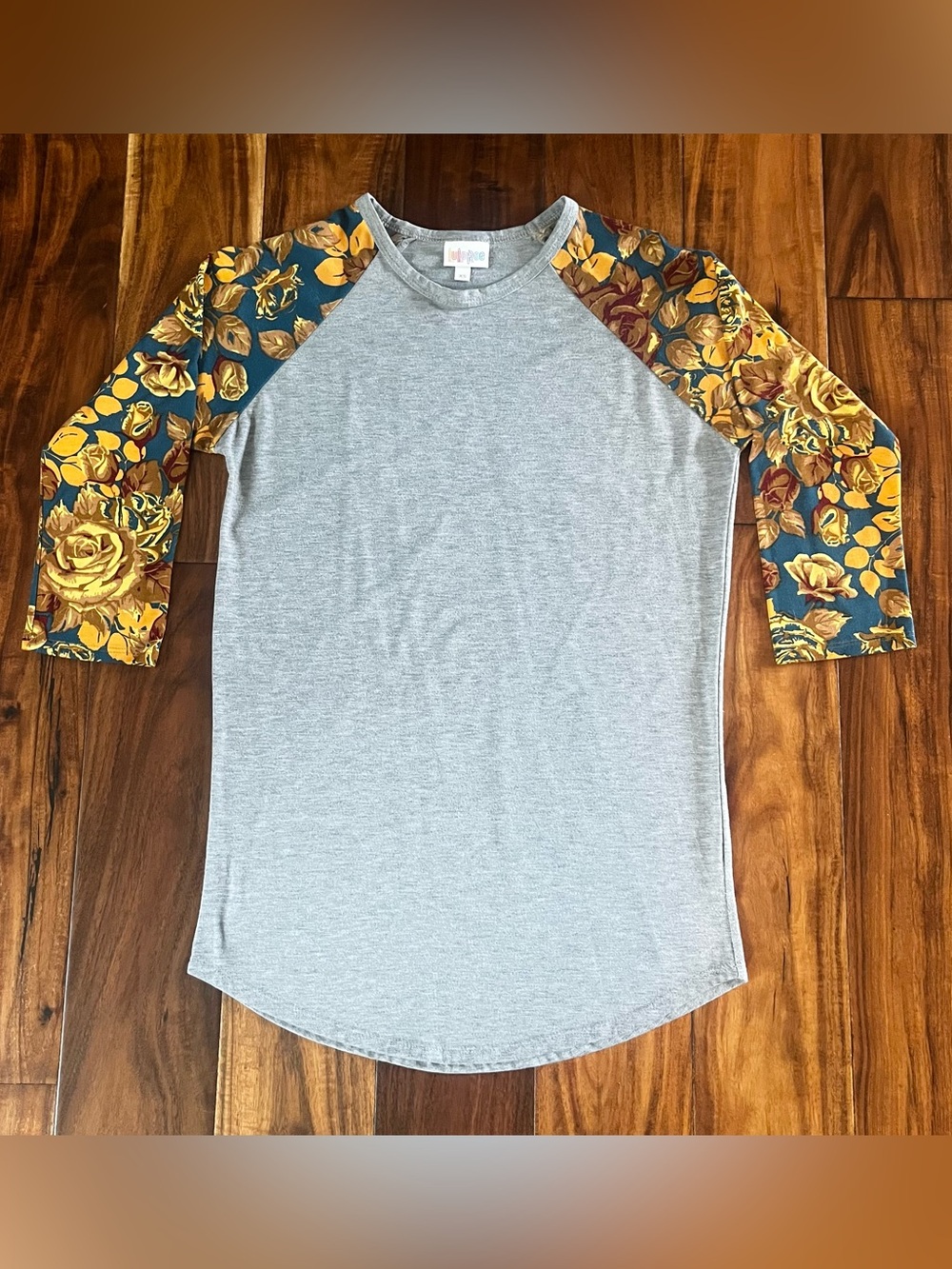 LuLaRoe Gray Raglan with Mustard Floral Sleeves